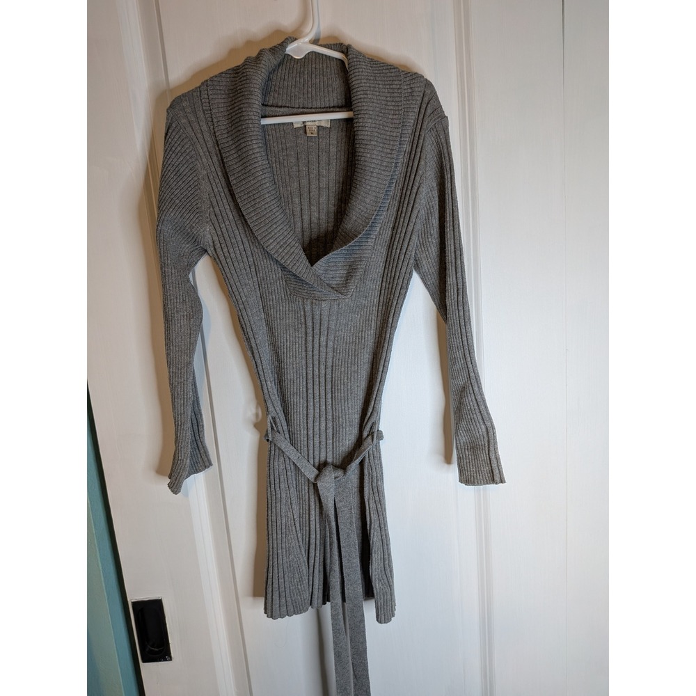 Grane Kids Gray Ribbed Knit Shawl Collar Tie Waist Sweater Dress Medium